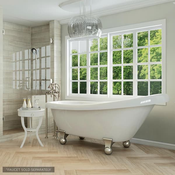 PELHAM & WHITE Glendale 67 in. Acrylic Slipper Clawfoot Bathtub in White, Cannonball Feet, Drain in Brushed Nickel