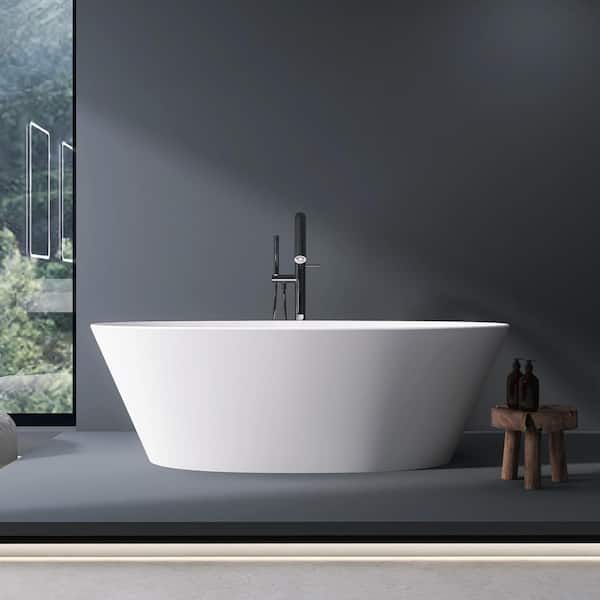 67 in. x 33.5 in. Solid Surface Stone Resin Freestanding Soaking Bathtub Center Drain in Matte White