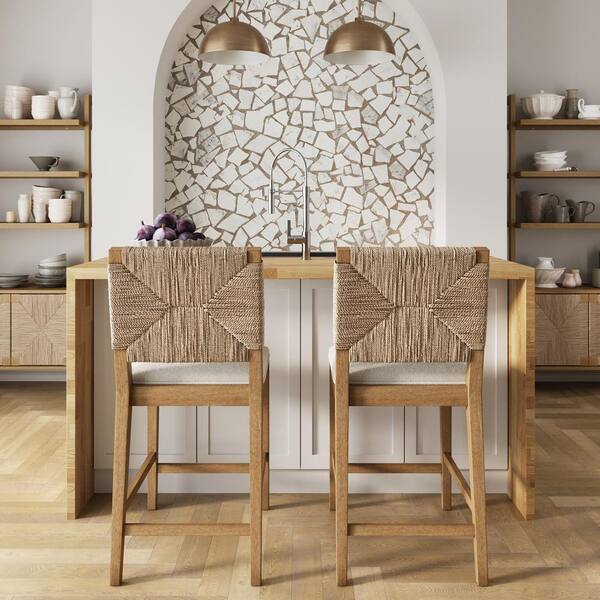 Beacon 24 in. Bohemian Boucle Upholstered Wood Counter Height Bar Stool w/ Woven Back, Cream Boucle/Light Brown,Set of 2
