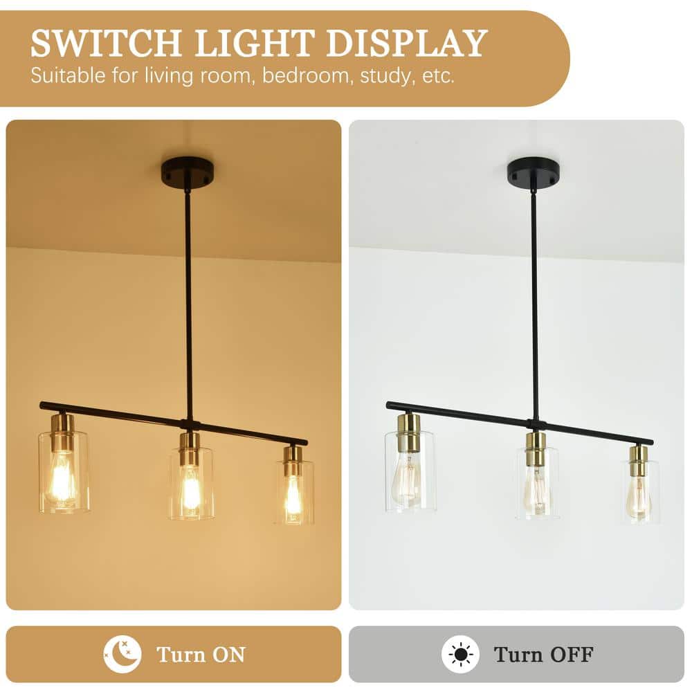 Black and Gold Linear Metal Chandelier with Clear Glass Shades