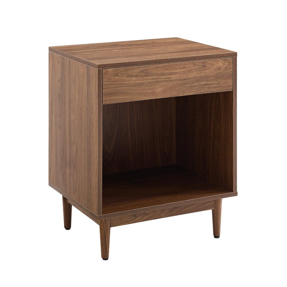 Liam Mid-Century Walnut Wood Side Table with Record Storage