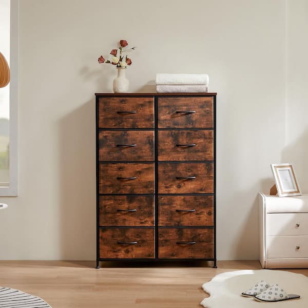 WONDER COMFORT Stylish Rust Brown 10-Drawer 11.8 in. Wide Chest of Drawers for Bedroom, Tall Chest Organizer Tower with Wooden Top
