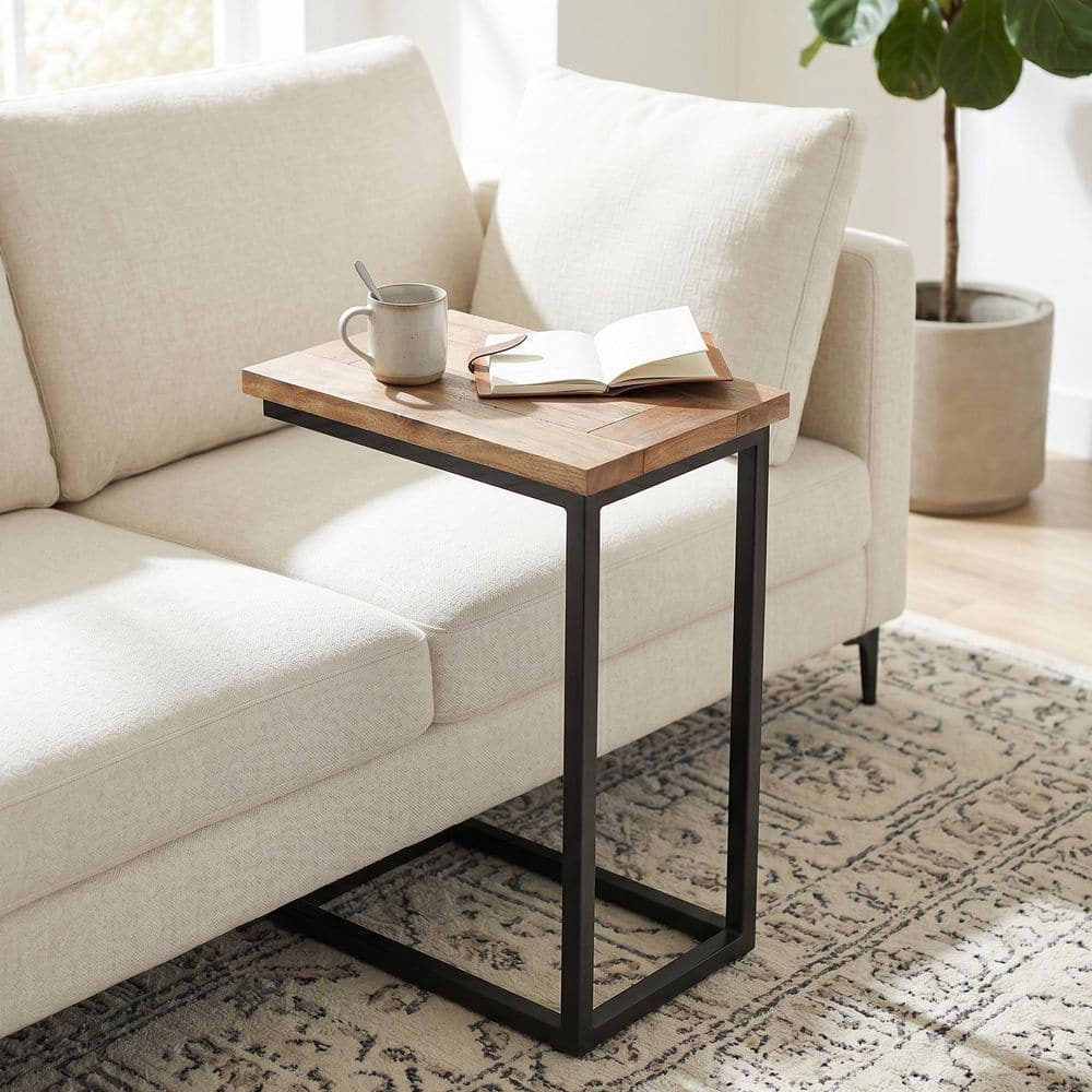 Simpli Home Skyler Solid Mango Wood and Metal 18 in. Wide Rectangle Industrial C Side Table in Natural, Fully Assembled AXCSKY-09N