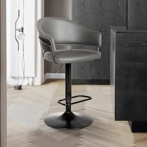 Brody Adjustable Gray Faux Leather Swivel Bar Stool In Black Powder Coated Finish