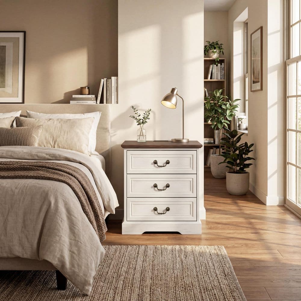FUFU&GAGA White 3 Drawer 23.6 in. W Nightstand with Built-in Power