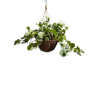 White Artificial Geranium Flower Arrangement with Hanging Basket