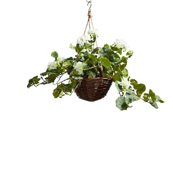 Pure Garden Faux White Geranium Flower Arrangement With Hanging Basket Hw The Home Depot
