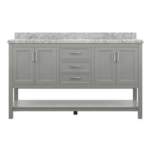 Affinity 61 in. Modern Bathroom Vanity in Gray with Carrara White Marble Top