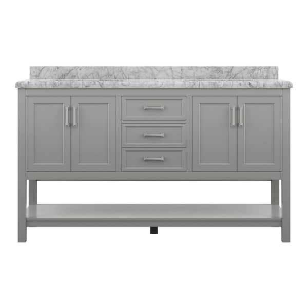 Design Element Affinity 61 in. Modern Bathroom Vanity in Gray with Carrara White Marble Top
