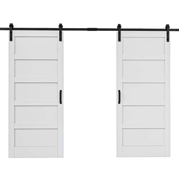 72 in. x 84 in. Paneled 5-Lites White MDF with PVC Finished Sliding Barn Door Slab with Hardware Kit and Soft Close