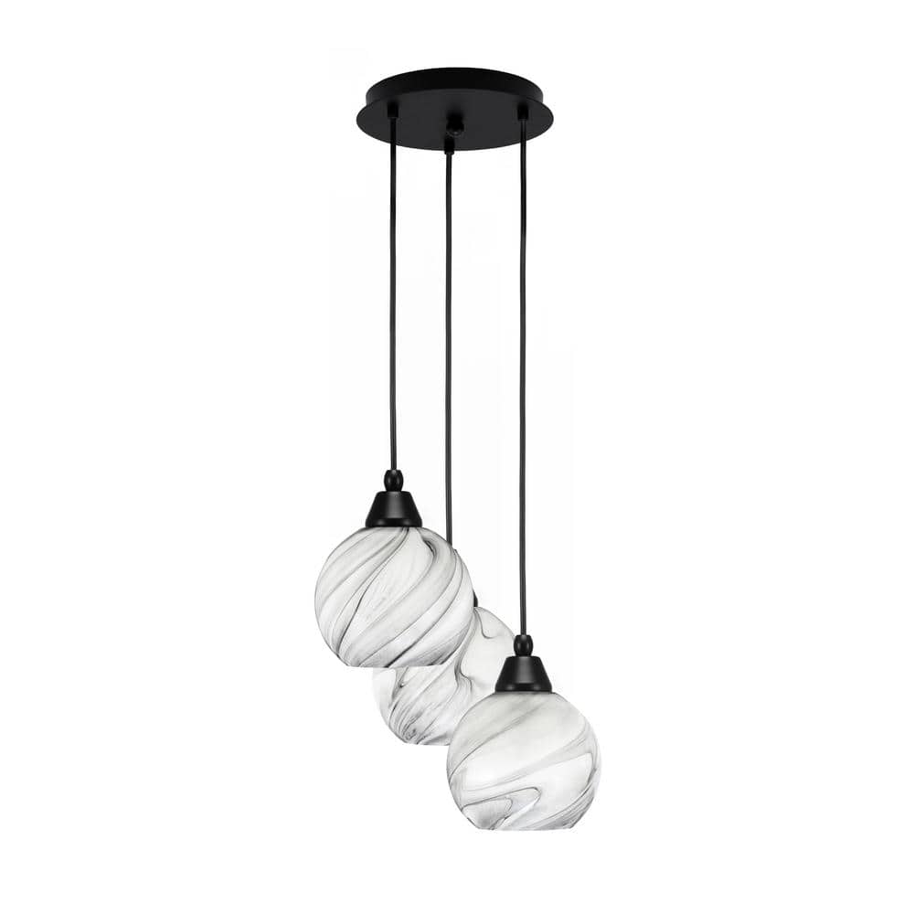 Savannah 9 in. 3-Light Matte Black Cord Pendant Light Onyx Swirl Glass Shad