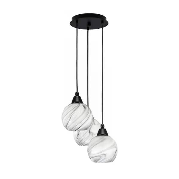 Savannah 9 in. 3-Light Matte Black Cord Pendant Light Onyx Swirl Glass Shade