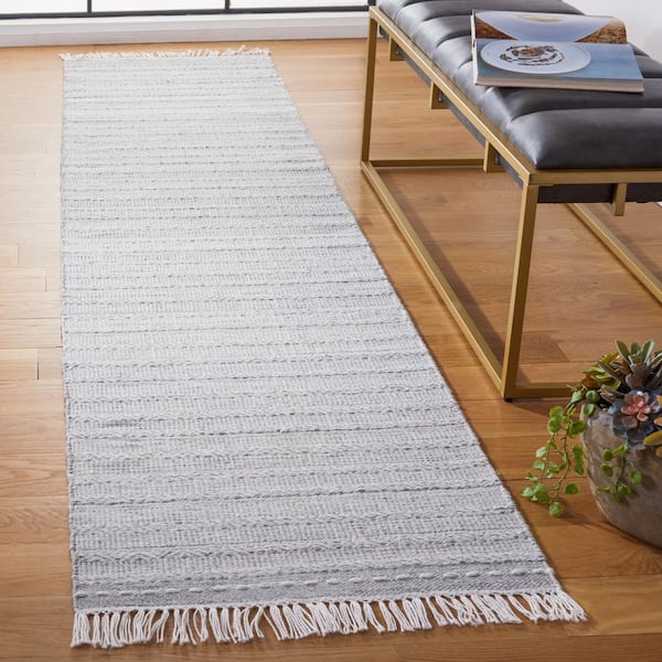 Striped Kilim Grey Ivory 2 ft. x 9 ft. Abstract Striped Runner Rug