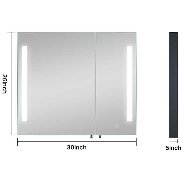 Modern 30 in. W x 26 in. H Large Rectangular Black Surface Mount Medicine Cabinet with Mirror and Dimmable Lights