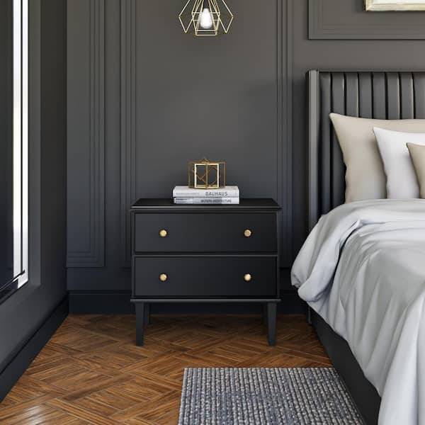 Prepac Lux Black 2-Drawer 27.75 in. W Nightstand, Night Stand for Bedroom, Nightstand Bedside Table, End Table with 2-Drawers