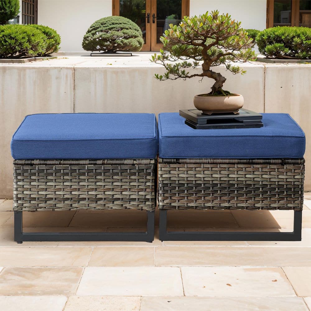 U-Weave Metal and Gray Wicker Outdoor Ottoman with Olefin Navy Blue Cushion (2-Pack) price history on PriceWatchPro