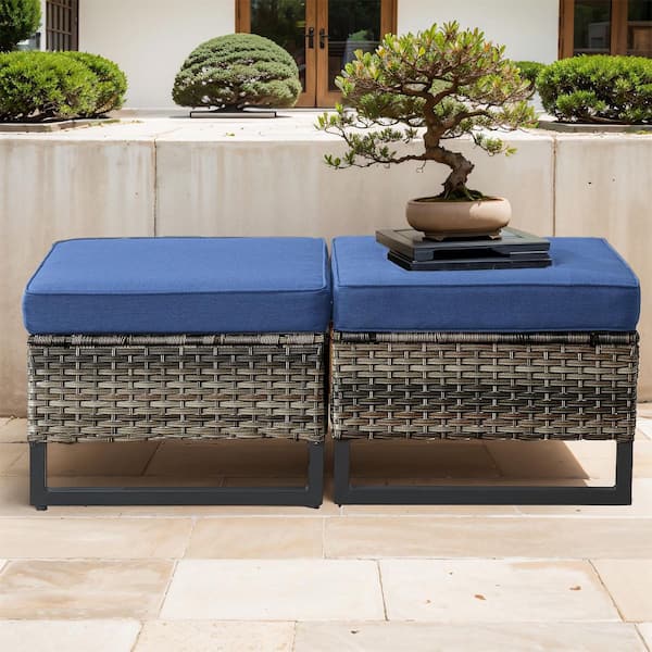 Opohoro U-Weave Metal and Gray Wicker Outdoor Ottoman with Olefin Navy Blue Cushion (2-Pack)