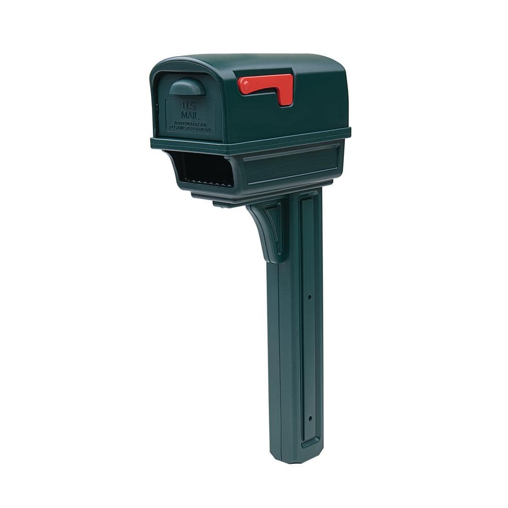 Gentry Large Green Plastic Post Mount Mailbox with Red Flag