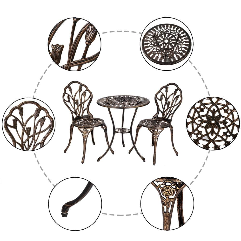 Bronze Cast Iron 3-Piece Tulip Bistro Set with Round Table
