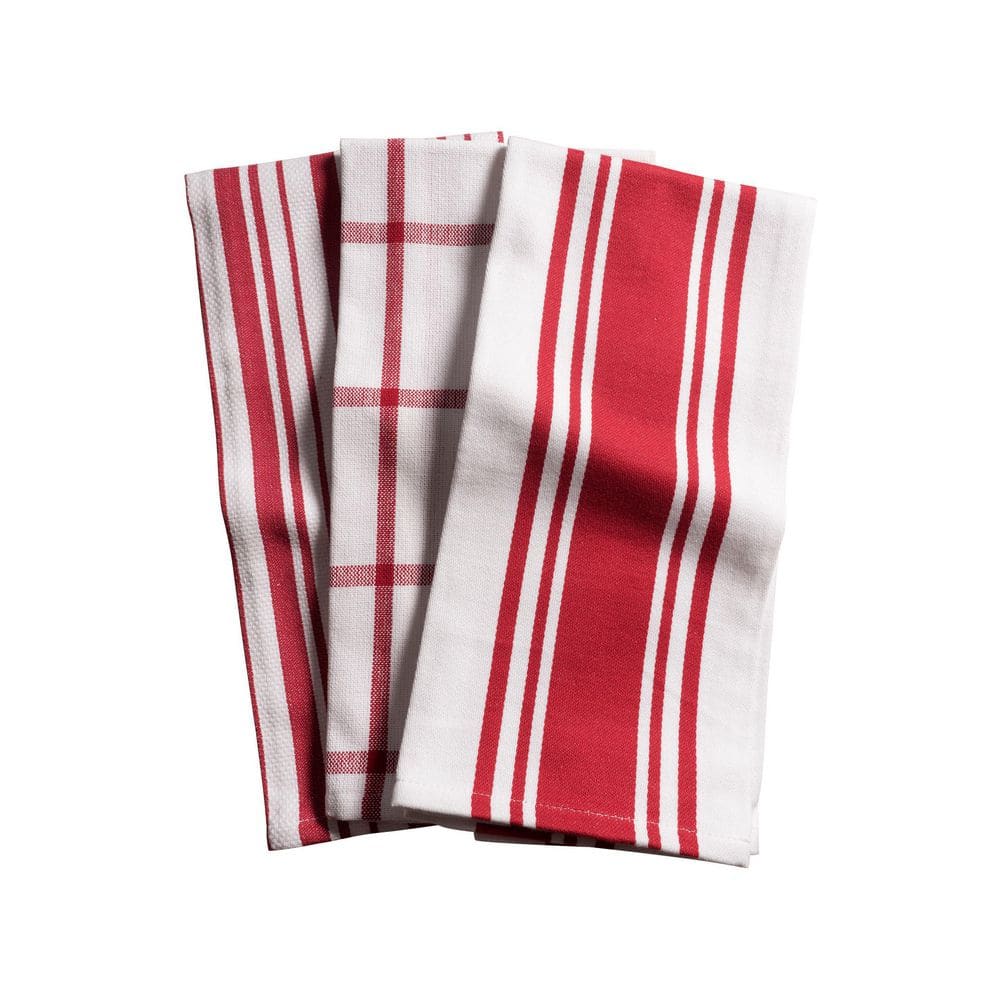 KITCHEN AID KITCHEN TOWELS (2) RED WHITE WIDE STRIPES 100% COTTON NIP