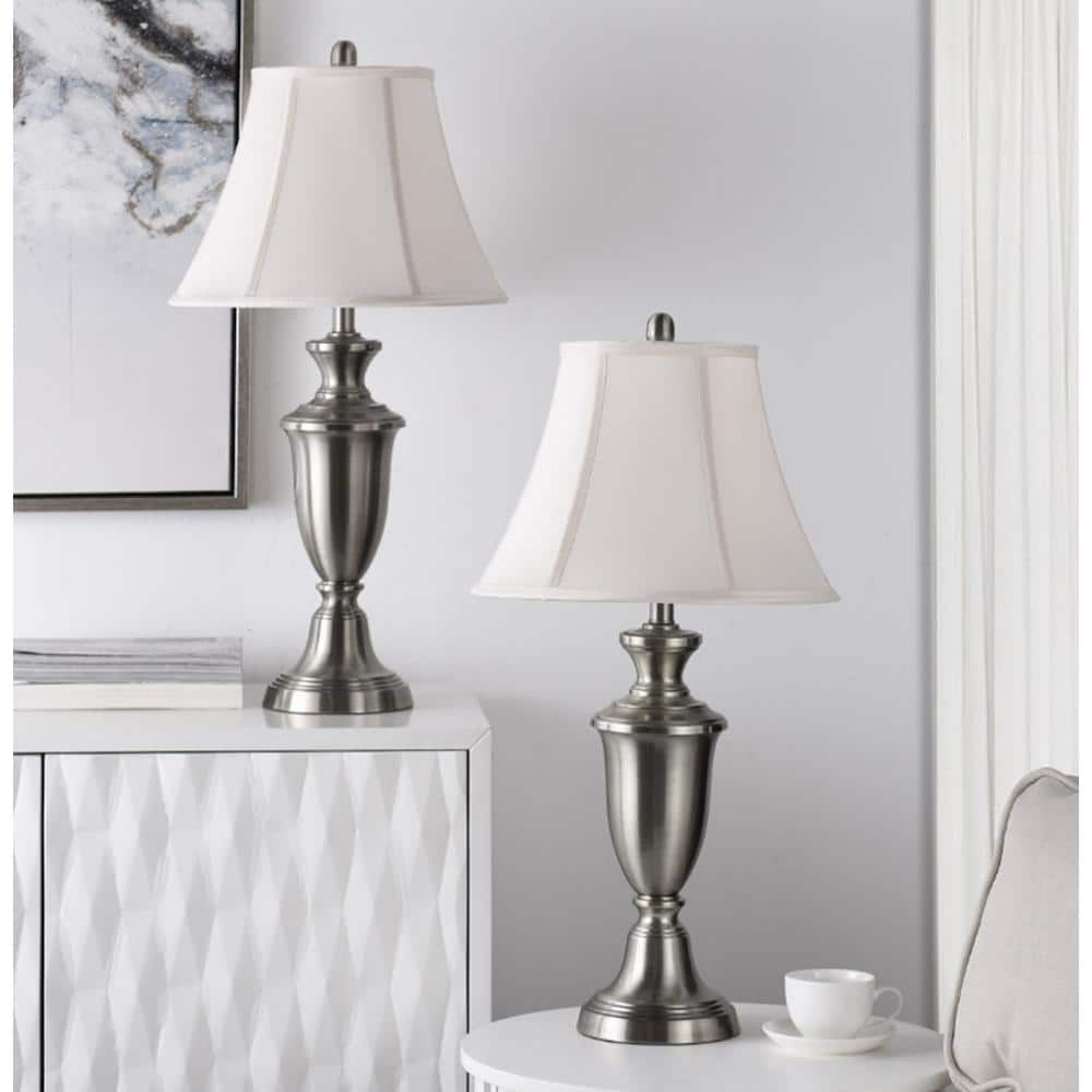Brushed Steel Table Lamp Set with White Silk Shades