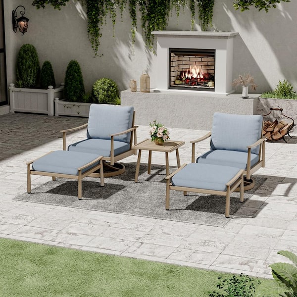 EGEIROSLIFE 5-Piece Aluminum Patio Conversation Set with 2 Swivel Chairs, End Table and Blue Cushions