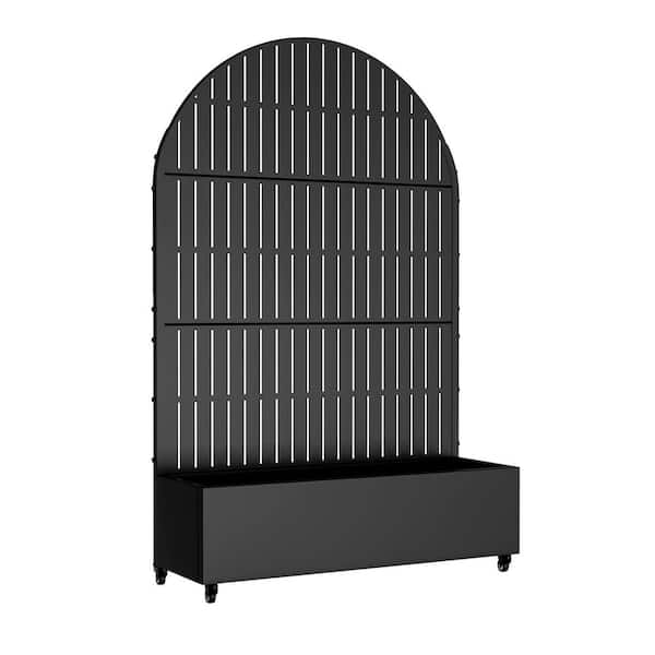 Metal Planter Box with Trellis and Wheels 47 in. W Self-Watering Outdoor Garden Decor Black Movable Flower Po