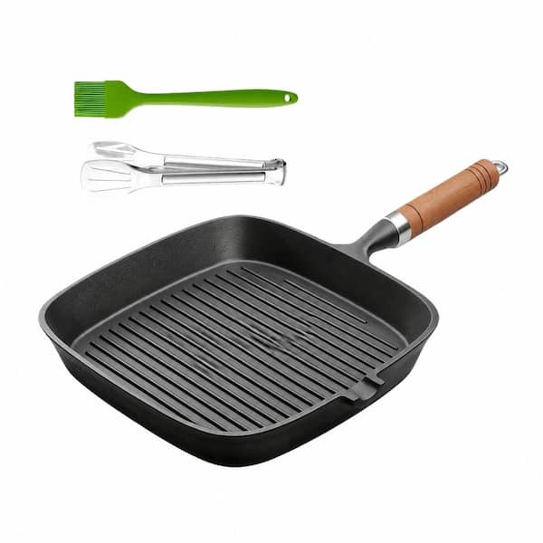 9 in Square Cast Iron Grill Pan for Stovetop with Tong and Oil Brush, PFOA-Free Indoor and Outdoor Skillet