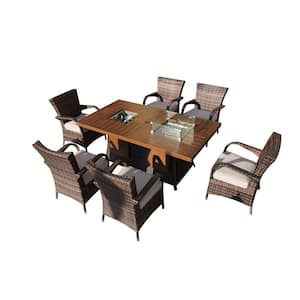 Fire and Ice Brown 7-Pieces Wicker Patio Conversation Fire Pit Table Set with Beige Cushions and Alumunium Table Top