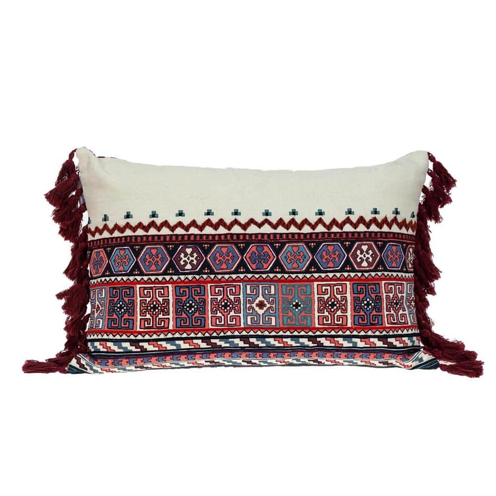 Ethnic Multicolor Cotton Embroidered Lumbar Pillow with Tassels