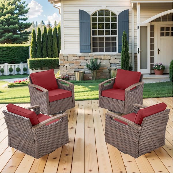 Kelsey Red 4-Piece All-Weather Brown Wicker Swivel Rocking Chairs with 4 in. Ergonomic Cushions