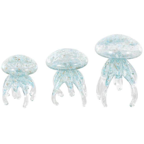 Litton Lane Blue Glass Textured Sea Life Sculpture with Gold and Cream Accents Set of 3