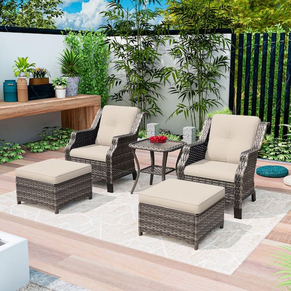 MeetLeisure Brown 5-Piece Wicker Patio Conversation Set Outdoor Lounge Chair with Beige Cushions