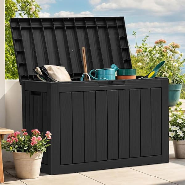 45 Gal. Deck Box, Outdoor Resin Storage Bench Toy Box, Patio Pool Furniture Cushion Storage Waterproof, Black