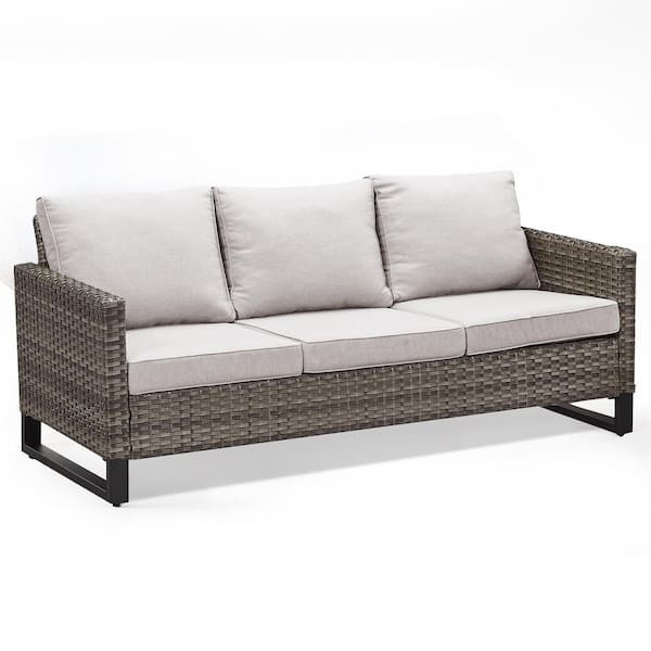 Gray Wicker Outdoor Couch, Rattan Wicker 3-Seat Sofa High Back Couch with Beige Cushions for Garden Backyard