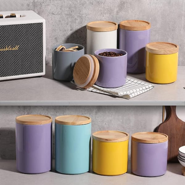 Anqtovp Ceramic Storage Jar Stackable Kitchen Canisters with Airtight Seal Wooden Lid for Serving Coffee Bean 58 Fl oz., Purple
