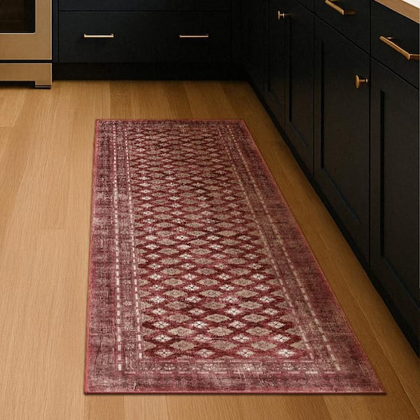 Elara Rouge Red 2.5 ft. x 7 ft. Bordered Floral Machine Washable Non-Slip Runner Rug
