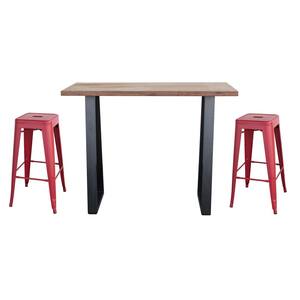 Matte Red Acacia Wood Top Bar Height Pub Set with Matte Red Bar Stools (Set of 3)