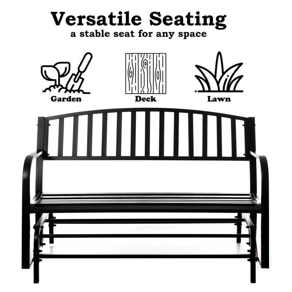 Black Powder-Coated Steel Outdoor Glider Bench with Curved Backrest