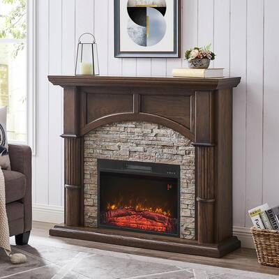 31.69 in. MDF Electric Fireplace with Mantel Freestanding Heater with Adjustable Flame and Remote Control in Oak