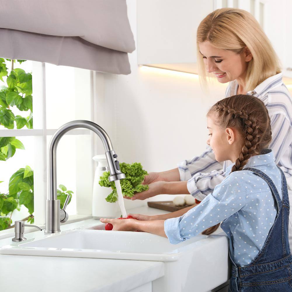 Brushed Nickel Single Handle Pull Down Kitchen Faucet with Soap Dispenser