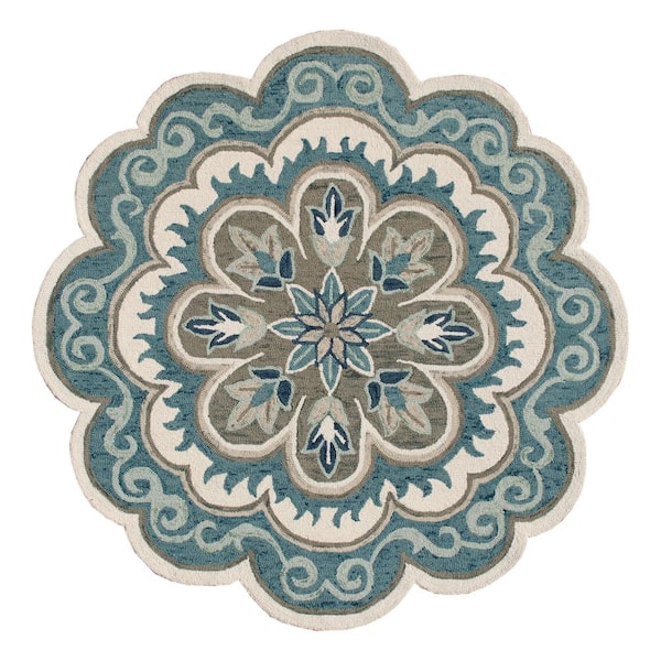 Unbranded Daliah Hand-Tufted 4 ft. x 4 ft. Aqua Blue/Gray Bohemian Medallion Wool Round Indoor Area Rug
