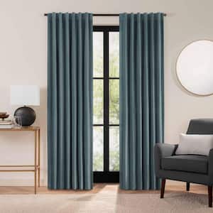 Luxury Cotton Velvet Mineral Blue Solid Cotton 96 in. L x 50 in. W 100% Blackout Single Rod Pocket Back Tab Curtain