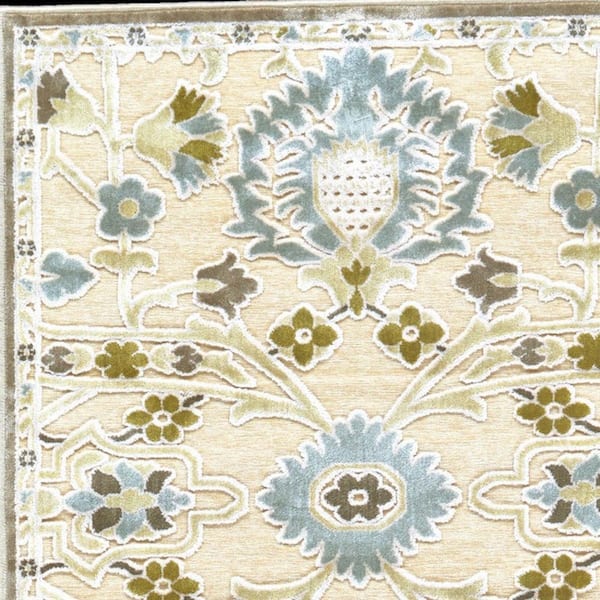 2 x 8 Tan, Blue, Gray Floral Runner Rug