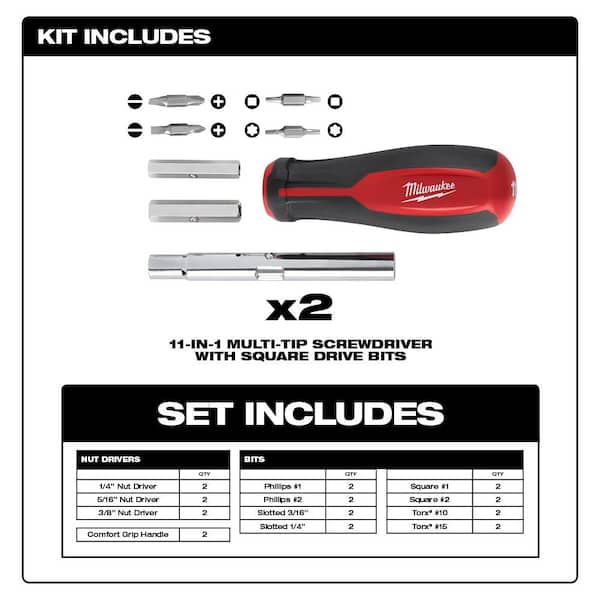 Milwaukee - 11-in-1 Multi-Tip Screwdriver with Square Drive Bits (2-Pack)