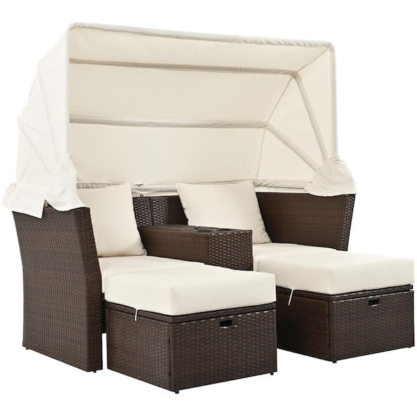 Polibi Wicker Outdoor Day Bed, Outdoor Loveseat Sofa Set with Foldable Awning with Beige Cushions