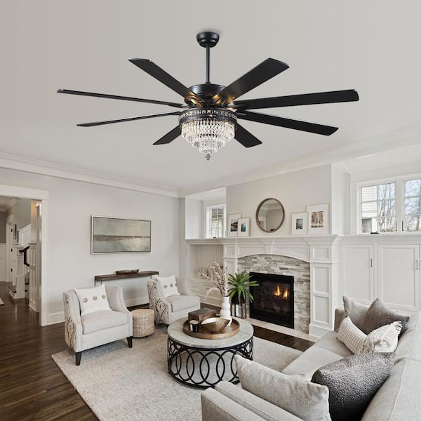 Kviflon 72 in. Indoor Crystal Chandelier Downrod Black Ceiling Fan
