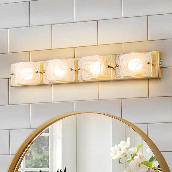 29 in. 4-Light Brushed Gold Integrated LED 3 CCT Vanity Light Bar for Bathroom with Textured Glass Shade