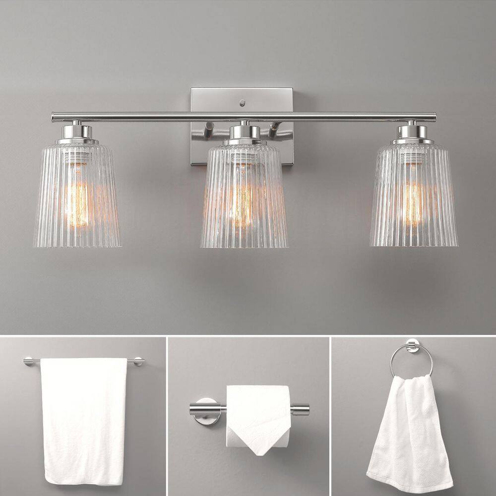 4-Piece All-In-One Bathroom Set 24 in. 3-Light Chrome Finish Vanity Light with Clear Ribbed Glass Shades price history on PriceWatchPro