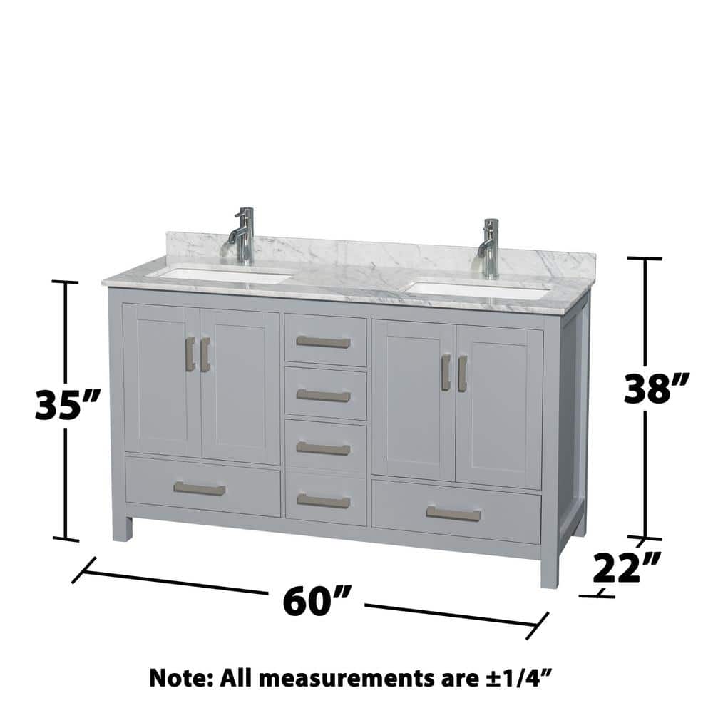 Sheffield 60'' Gray Double Freestanding Bathroom Vanity with White Carrara Stone Top